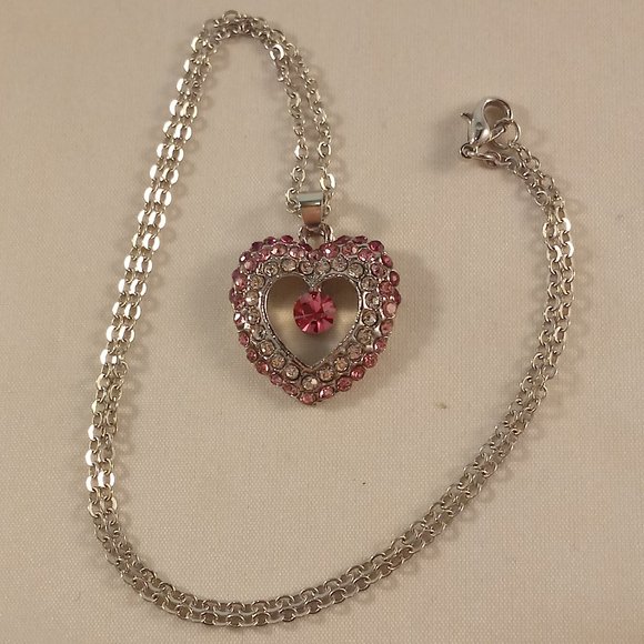 Silver Plated Heart Layered Rose Pink Diamond Crystal Necklace .66ctw Party Gift - Picture 4 of 4